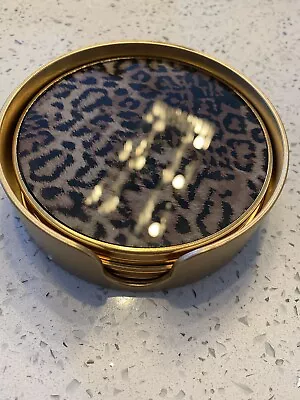 New Set Of 4 Round Coasters With Holder Leopard Print • £0.99