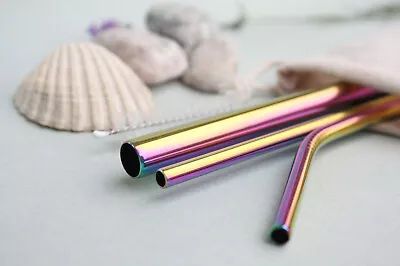 3 Eco Rainbow Steel Straws & Straw Cleaner Smoothie Milkshake Bubble Tea Boba  • £5.49