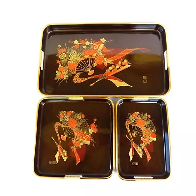 Vintage Japanese Black Lacquer Ware Nesting Trays Set Of 3 Gold Trim Glitter • $32.99