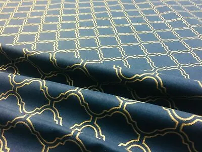 Gold Moroccan Arabic Damask Print Fabric Curtain Material Navy Blue 110'' Wide • $1.50