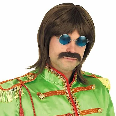 Mens Brown 60s Pop Wig Mustache Glasses For Rock Band Icon Fancy Dress Costume • $22.95