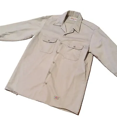 Vintage DICKIES Work Shirt Khaki Mechanic 16-16 1/2X34-35 Cotton MADE IN USA 90s • $16.57