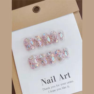 Handmade False Nail Glitter Sequins Coffin Press On Nails For Nail Art 10PCS • $8.99