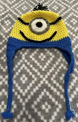 Handmade Crocheted Toddler Minions Beanie  Hat With Ear Flaps Blue Yellow Minion • $10