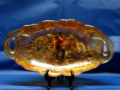 Vintage Indiana Carnival Glass Lily Pads & Lilies Handled Relish Dish Marigold • $7.20