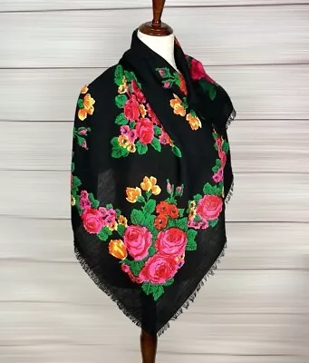 Vintage Wool Black Floral Scarf Shawl Russian Traditional Platok • $35