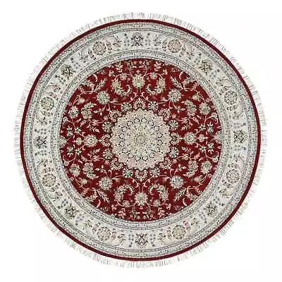 8'x8' Cherry Red Wool Hand Knotted Nain Flower Design 250 KPSI Round Rug R64719 • $2235.60