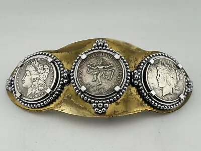 Vintage Brass Belt Buckle  3 Silver Pearl Mounted Vintage Coins Mexico Olympics • $95