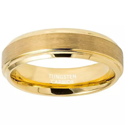 Tungsten Ring Yellow Gold Ion Plated Center Brushed Stepped Edge 6mm Wedding  • $29.95