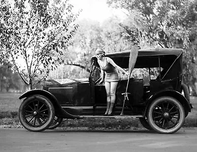 1920 Bathing Beauty In Swimsuit On Car Vintage Old Photo 8.5  X 11  Reprint • $13