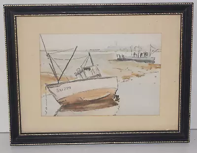 A Vintage Framed Clover Leaf Small Print Of Moored Fishing Boats22cm X 16.5cm. • $12.62