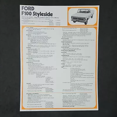 FORD F100 STYLESIDE UTE Original Vintage Advertising Sales Specs Sheet 1975 • $19.99