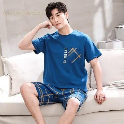 Summer Cartoon Mens Pajamas Casual Short Tops Lattice Short Pants Sets Stripe • $24.22