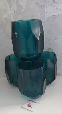 Rachel Zoe Set Of 4 TEAL Acrylic Stemless Wine Glasses Cut Crystal Design Boxed • £28