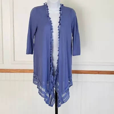 $24.99 • Buy Chicos Womens Cardigan Small Open Front Tassel Sweater Blue Linen Embroidery