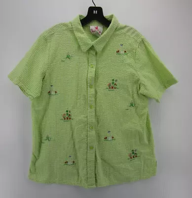 Quacker Factory Shirt Women Large Green Button Up Top Seersucker Embroidered • $18.99