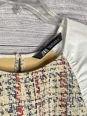 Women's ZARA White Puff Sleeve Faux Leather Panel Tweed Print Blouse Size Large • $23.74