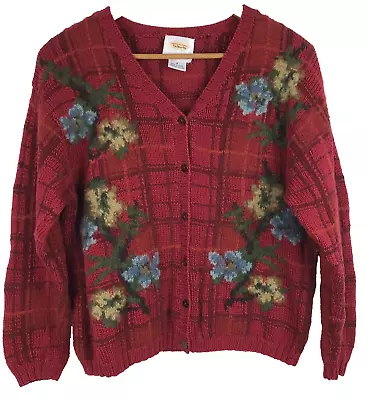 VTG Talbots Hand Knitted Chunky Cardigan Sweater Cottage Core Red Floral Size M • $42.50