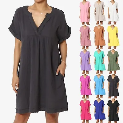 $27.99 • Buy TheMogan Casual Loose Short Sleeve V Neck Cotton Gauze Babydoll Shift Mini Dress