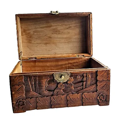 Antique Chinese Camphor Chest Wood Brass Hinged Wood Tea Box Heavily Carved Rare • £211.11