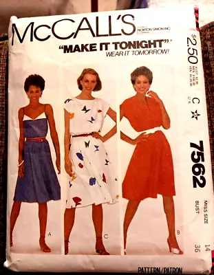 McCALL'S 7562 Misses' Size 14 Dress Cut Complete.   MAKE IT TONIGHT  • $8