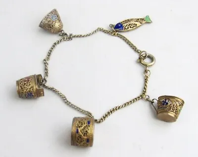 Vintage Damascene Enamel Filigree Fish Bell Bucket Drum Cup Charm Bracelet • $17.99