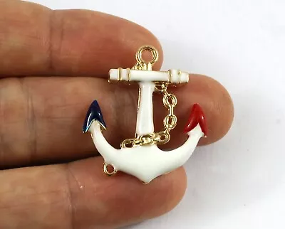 White Enamel Gold Anchor Charms - Nautical Red Blue Pendant Beads Crafts Cards • £1.89