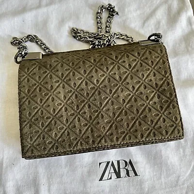 New Zara 100% Goat Leather Embossed Suede Crossbody Khaki Bag Purse 5318/304 • $55