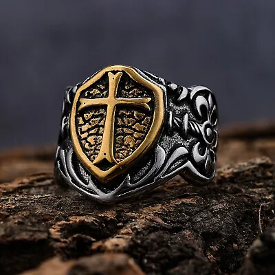 Men's Stainless Steel Ring Knight Templar Biker Crusader Cross Rings Size 7-15 • $11.50