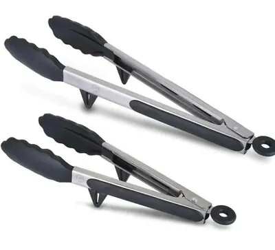 Kitchen Tong With Built-in Stand Food Tongs Set Of 2 Stainless Steel & Silicone • $11.99