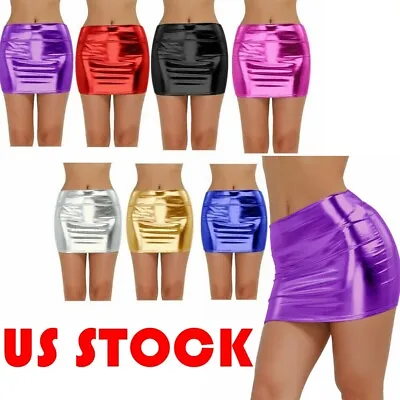 US Women Mini Skirt Shiny Metallic Wet Look Body-con Party Short Dress Clubwear • $7.43