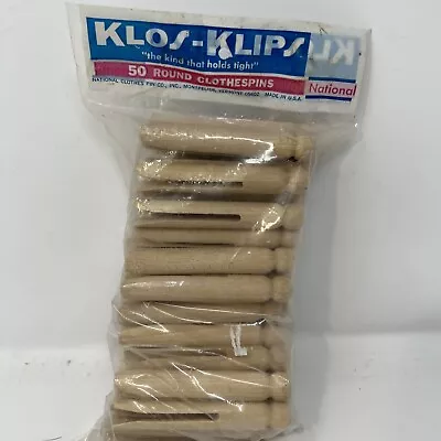 Vintage National Klos-Klips Wood Round Clothes Pins 50 Count Prop NEW Sealed • $12.98