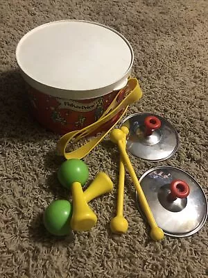 Vintage Fisher Price Marching Band Drum Set 1979 Tambourine Cymbals Maraca Strap • $20