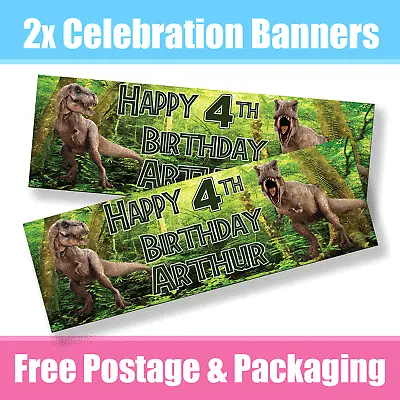 Personalised T-Rex Dinosaur Banners Birthday / Celebration - Any Name & Age X 2  • £7.49