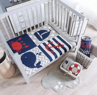 Boat Anchor Whale Sea Baby Boys Crib Bedding Set 4 Pcs 100% Cotton For Gift • $119.99