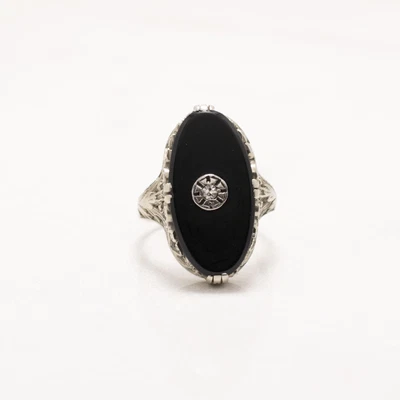 $600.48 • Buy Circa 1920's Art Deco Filigree Black Onyx With Single Diamond Ring R-923CSC-N5
