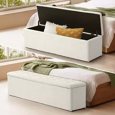 Oikiture Storage Ottoman Blanket Box Foot Stool XL Chest Toy Sherpa Linen White • $149.90