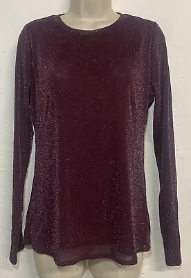 NWT INC Medium Nylon Top Maroon Metallic Long Sleeve Lined Stretch Blouse • $14