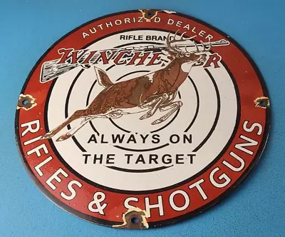 Vintage Winchester Sign - Rifles & Shotguns Firearms Gas Pump Porcelain Sign • $142.47