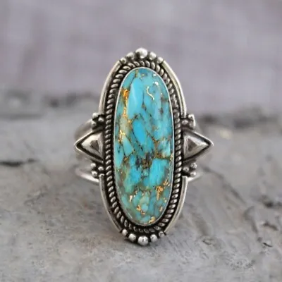 925 Sterling Silver Ring Natural Blue Copper Turquoise Gemstone Women Jewelry • $13.61