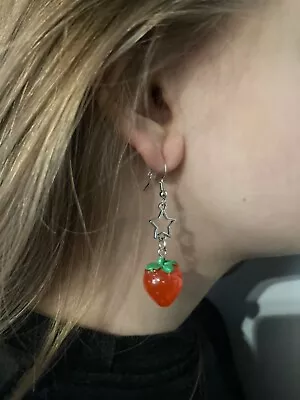 Red Strawberry Resin Earrings Silver Chain With Star Charm Dangle Earrings  • $2.99