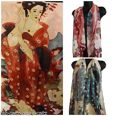 JAPANESE GEISHA PRINT CHIFFON FEEL FASHION LADIES SCARF SHAWL SARONG 155cmx50cm • £4.95