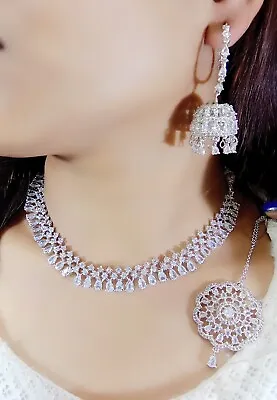 Indian Bollywood Silver Plated Ethnic AD CZ Jewelry Earrings Necklace Bridal Set • $26.39