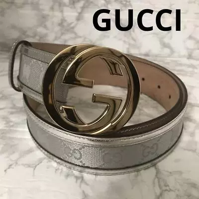 GUCCI Interlocking G BUCKLE GG Pattern LEATHER BELT 85/34 Silver Gold 114876 Men • $262.35