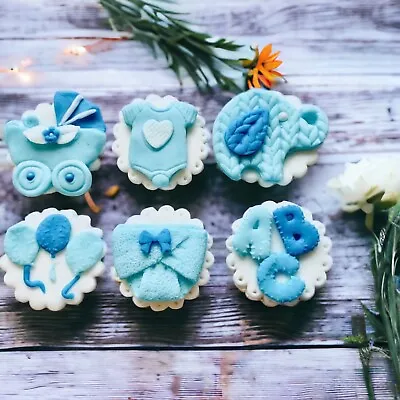 6 Edible Baby Boy Blue Fondant Baby Shower Cake Toppers Christening Birthday • £6.99