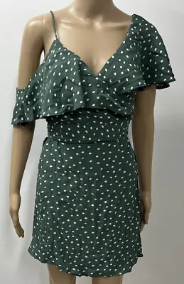 BACKSTAGE Womens Polka Dot Sage One Shoulder Dress Size 8 - 10 Made In Aust • $35