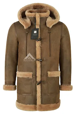Men's Leather Genuine Sheepskin Duffle Coat Hooded 100% Real Shearling Fur F-42  • $497.34