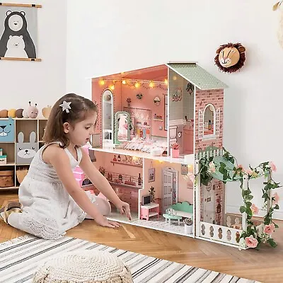 Robud Large 3 Level Wooden DollHouse With Furniture Lights For Kids Toddler 3+ • $99.99