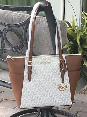 Michael Kors Charlotte Large Zip Tote Shoulder Bag Purse Mk Vanilla Signature • $123.99