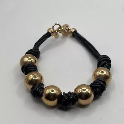 Milor Italy Bronze & Black Leather Braided Balls Bracelet 8.5”. L • $12